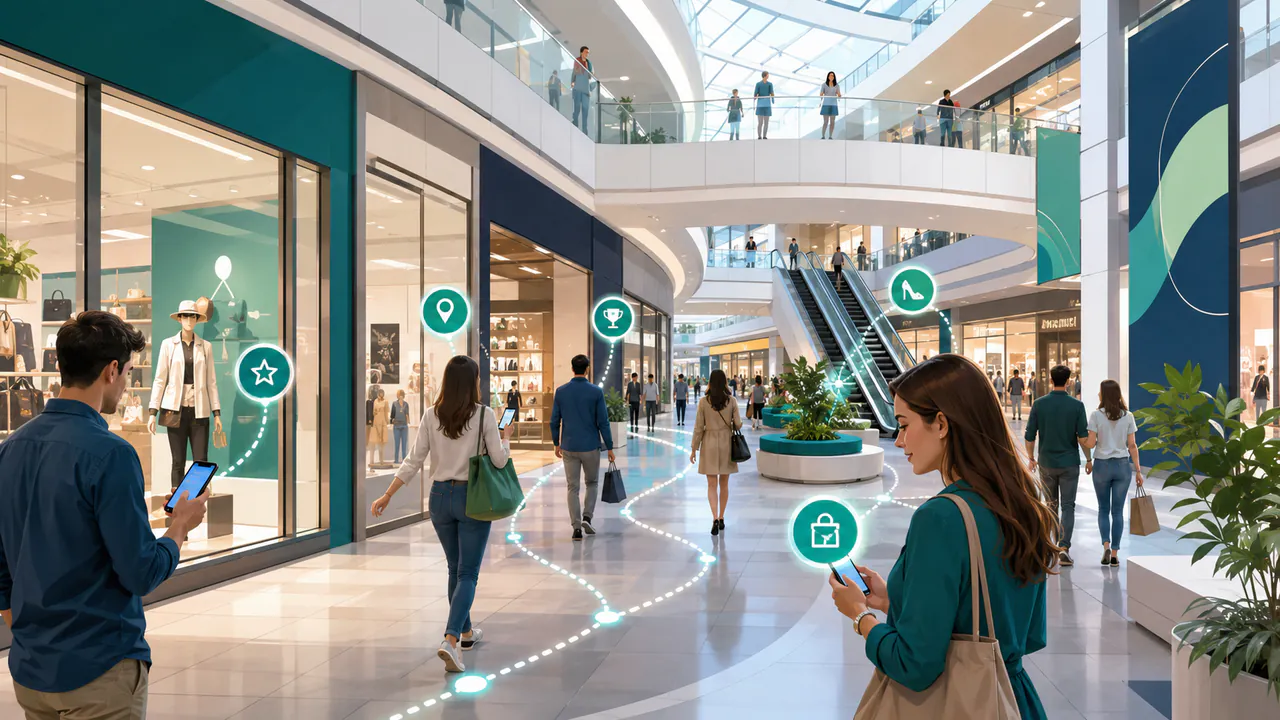 Partecipanti a una caccia al tesoro interattiva in un centro commerciale
