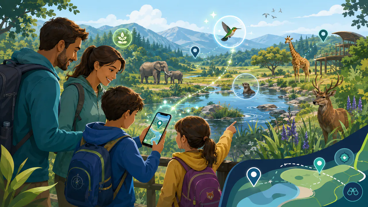 Famiglia segue un percorso naturalistico interattivo durante un’escursione